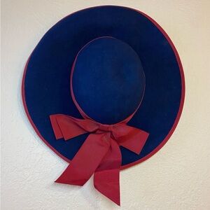 Vintage Betmar 60s Wool Felt Floppy Brim  Navy Red Bow w/Floral Hat Box Derby